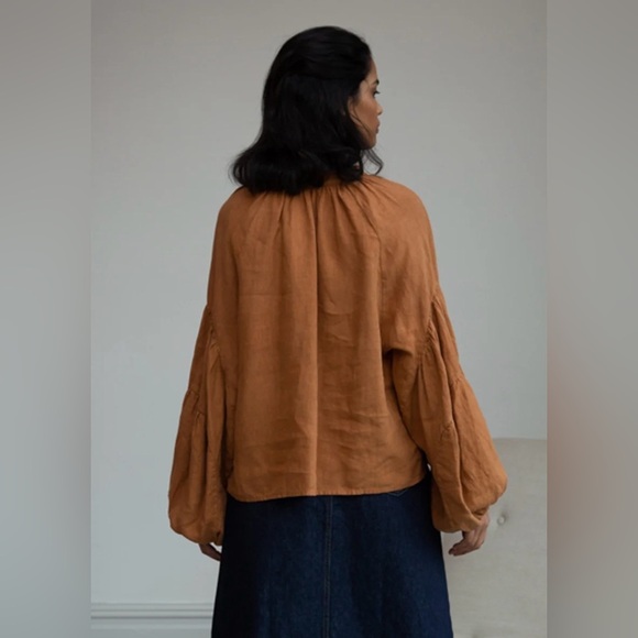 Beaumont‎ Organic Francesca Linen Top In Almond linen blouse balloon sleeves - Picture 3 of 13